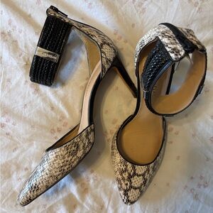 ANTONIO MELANI Black and Cream Snakeskin Heels
